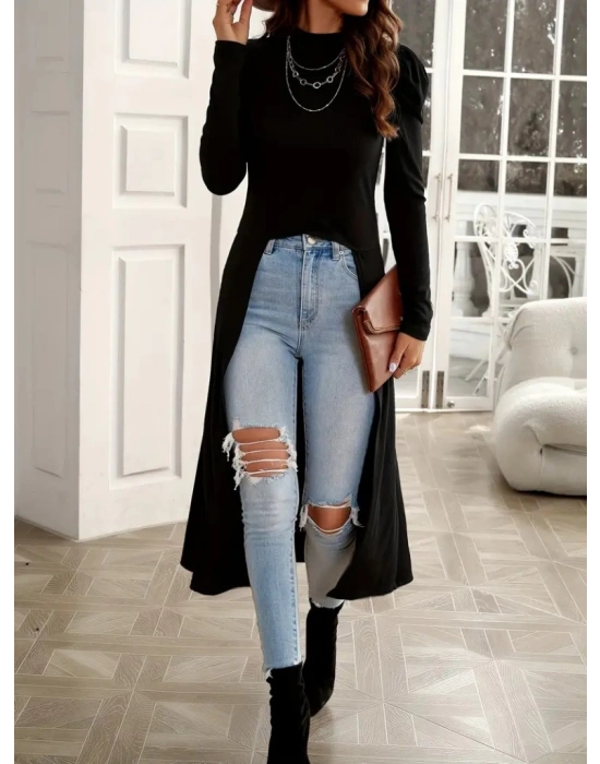 Kadın Uzun Balon Kollu Yarı Balıkçı Yaka önü Açık Kaşkorse Tunik