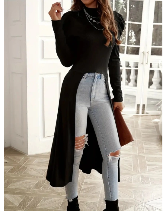 Kadın Uzun Balon Kollu Yarı Balıkçı Yaka önü Açık Kaşkorse Tunik