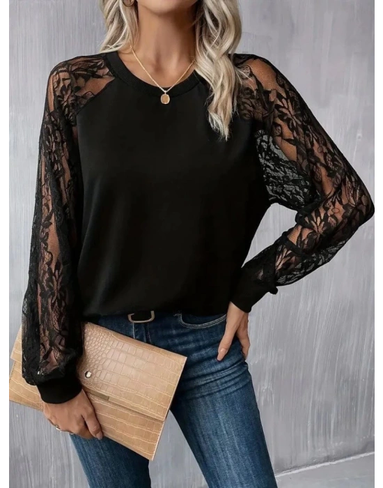 Kadın Uzun Dantel Kollu Bisiklet Yaka Viskon Bluz