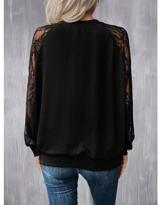 Kadın Uzun Dantel Kollu Bisiklet Yaka Viskon Bluz