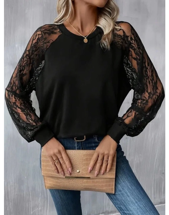Kadın Uzun Dantel Kollu Bisiklet Yaka Viskon Bluz