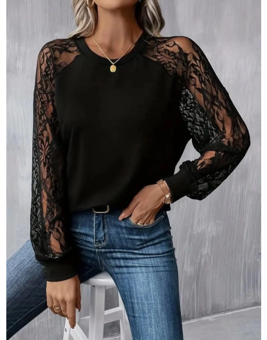 Kadın Uzun Dantel Kollu Bisiklet Yaka Viskon Bluz