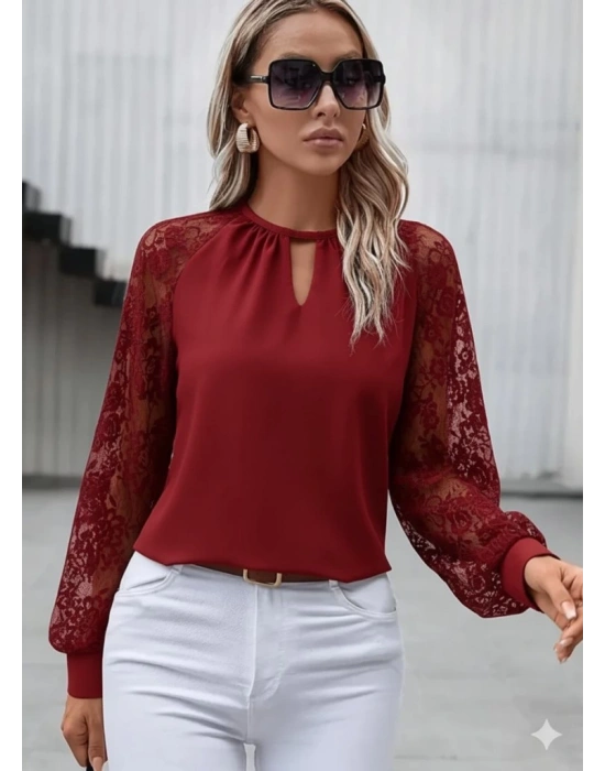 Kadın Uzun Dantel Kollu Yuvarlak Yakalı Sandy Bluz