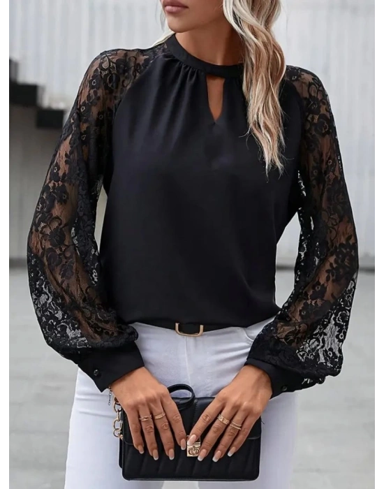 Kadın Uzun Dantel Kollu Yuvarlak Yakalı Sandy Bluz