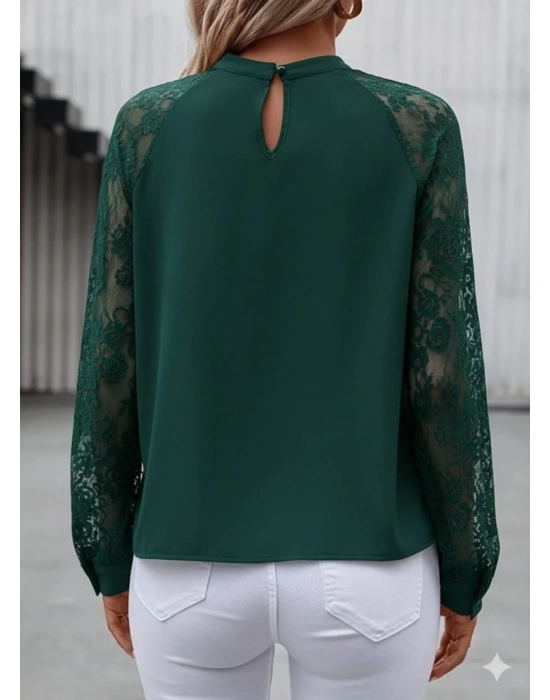 Kadın Uzun Dantel Kollu Yuvarlak Yakalı Sandy Bluz