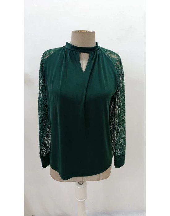 Kadın Uzun Dantel Kollu Yuvarlak Yakalı Sandy Bluz