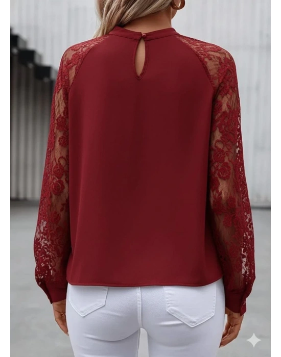 Kadın Uzun Dantel Kollu Yuvarlak Yakalı Sandy Bluz