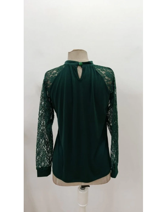 Kadın Uzun Dantel Kollu Yuvarlak Yakalı Sandy Bluz