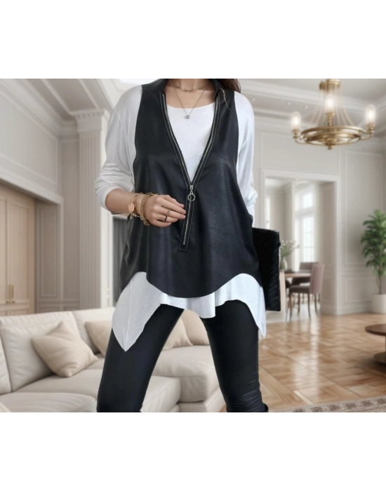 Kadın Uzun Kol Asimetrik Kesim Viskon Bluz Ve çatlak Deri Görünümlü Fermuar Detaylı Yelek Ikili Takım