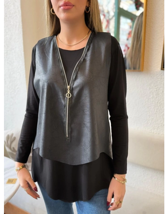 Kadın Uzun Kol Asimetrik Kesim Viskon Bluz Ve çatlak Deri Görünümlü Fermuar Detaylı Yelek Ikili Takım