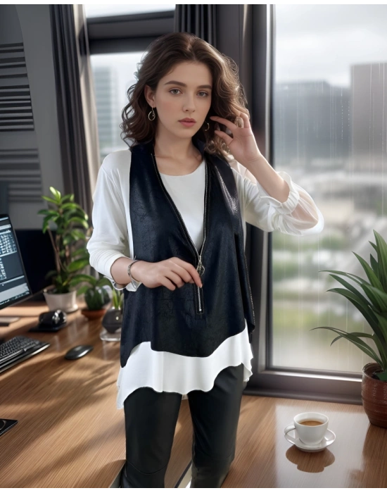 Kadın Uzun Kol Asimetrik Kesim Viskon Bluz Ve çatlak Deri Görünümlü Fermuar Detaylı Yelek Ikili Takım