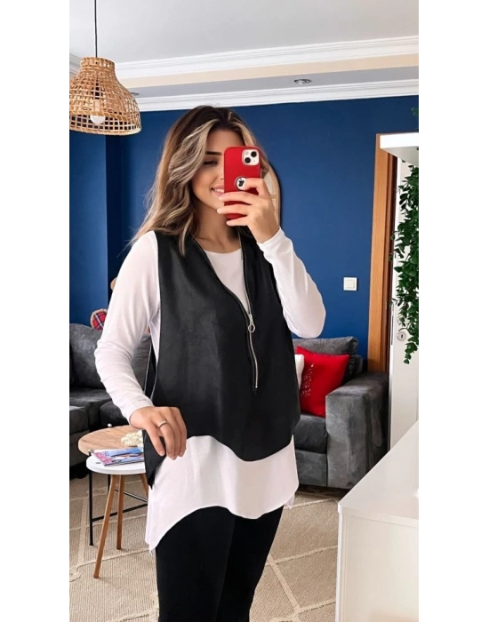 Kadın Uzun Kol Asimetrik Kesim Viskon Bluz Ve çatlak Deri Görünümlü Fermuar Detaylı Yelek Ikili Takım