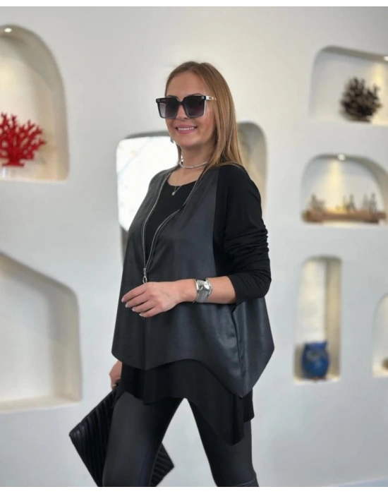 Kadın Uzun Kol Asimetrik Kesim Viskon Bluz Ve çatlak Deri Görünümlü Fermuar Detaylı Yelek Ikili Takım