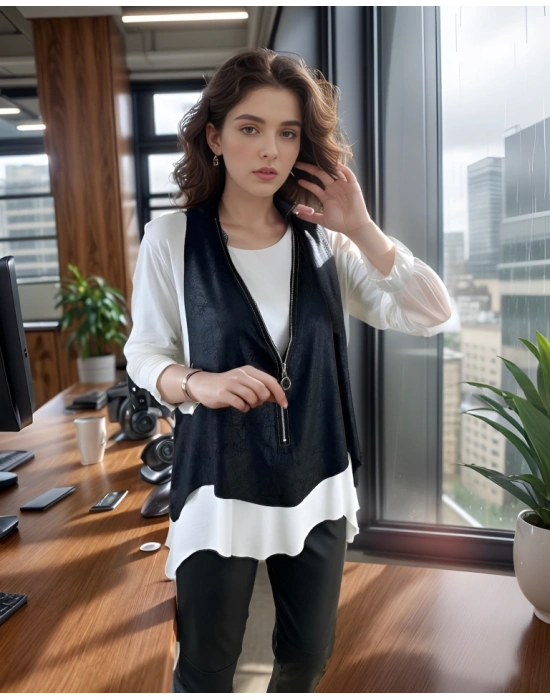 Kadın Uzun Kol Asimetrik Kesim Viskon Bluz Ve çatlak Deri Görünümlü Fermuar Detaylı Yelek Ikili Takım