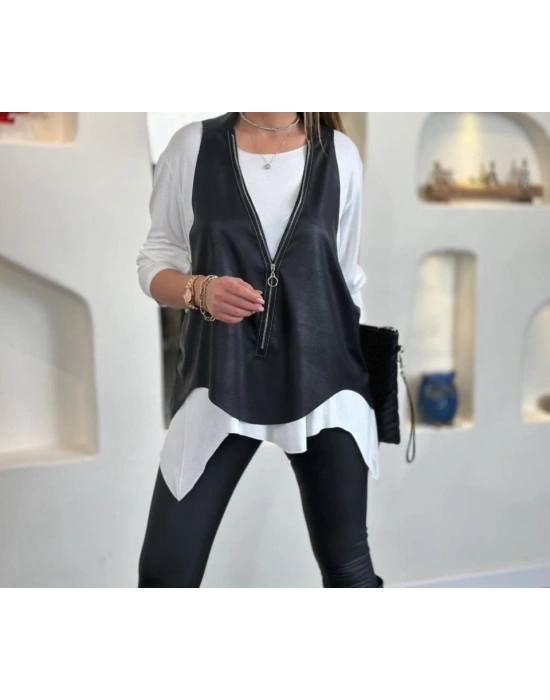 Kadın Uzun Kol Asimetrik Kesim Viskon Bluz Ve çatlak Deri Görünümlü Fermuar Detaylı Yelek Ikili Takım