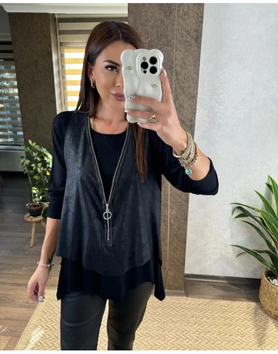 Kadın Uzun Kol Asimetrik Kesim Viskon Bluz Ve çatlak Deri Görünümlü Fermuar Detaylı Yelek Ikili Takım