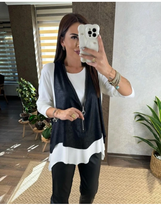 Kadın Uzun Kol Asimetrik Kesim Viskon Bluz Ve çatlak Deri Görünümlü Fermuar Detaylı Yelek Ikili Takım