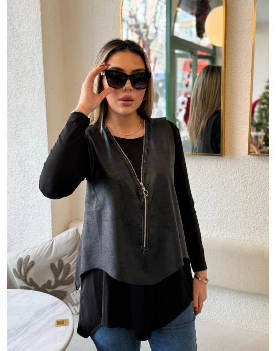 Kadın Uzun Kol Asimetrik Kesim Viskon Bluz Ve çatlak Deri Görünümlü Fermuar Detaylı Yelek Ikili Takım