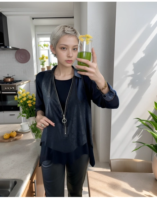 Kadın Uzun Kol Asimetrik Kesim Viskon Bluz Ve çatlak Deri Görünümlü Fermuar Detaylı Yelek Ikili Takım