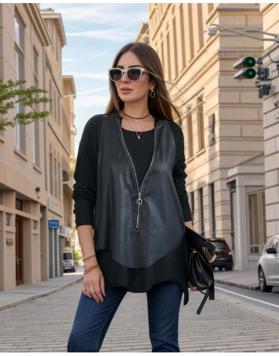 Kadın Uzun Kol Asimetrik Kesim Viskon Bluz Ve çatlak Deri Görünümlü Fermuar Detaylı Yelek Ikili Takım