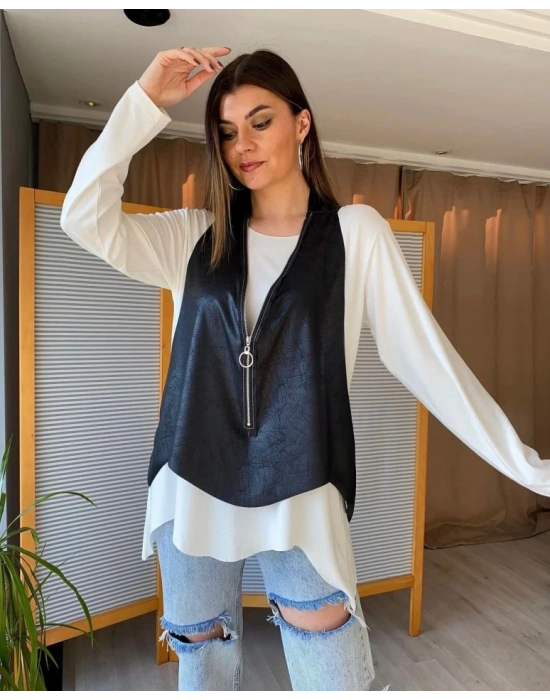 Kadın Uzun Kol Asimetrik Kesim Viskon Bluz Ve çatlak Deri Görünümlü Fermuar Detaylı Yelek Ikili Takım