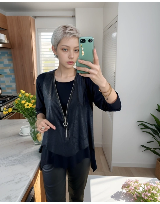 Kadın Uzun Kol Asimetrik Kesim Viskon Bluz Ve çatlak Deri Görünümlü Fermuar Detaylı Yelek Ikili Takım