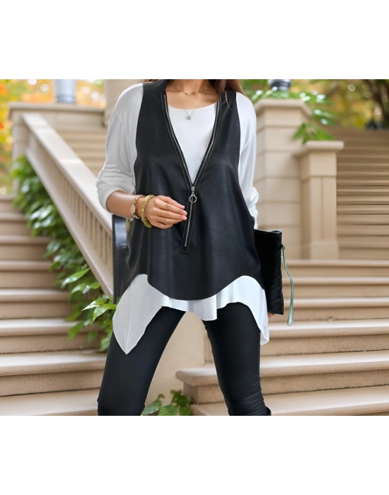 Kadın Uzun Kol Asimetrik Kesim Viskon Bluz Ve çatlak Deri Görünümlü Fermuar Detaylı Yelek Ikili Takım