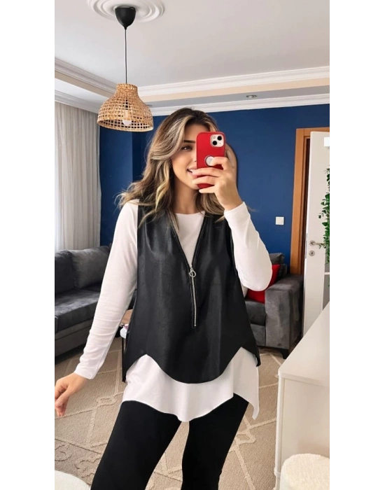 Kadın Uzun Kol Asimetrik Kesim Viskon Bluz Ve çatlak Deri Görünümlü Fermuar Detaylı Yelek Ikili Takım