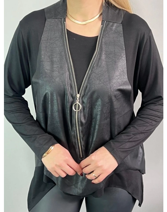 Kadın Uzun Kol Asimetrik Kesim Viskon Bluz Ve çatlak Deri Görünümlü Fermuar Detaylı Yelek Ikili Takım