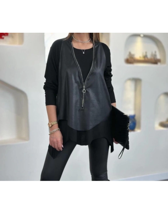 Kadın Uzun Kol Asimetrik Kesim Viskon Bluz Ve çatlak Deri Görünümlü Fermuar Detaylı Yelek Ikili Takım