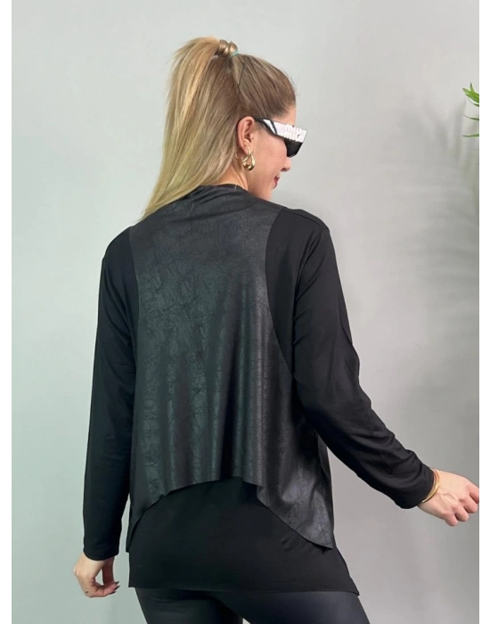 Kadın Uzun Kol Asimetrik Kesim Viskon Bluz Ve çatlak Deri Görünümlü Fermuar Detaylı Yelek Ikili Takım