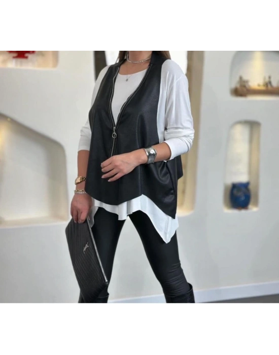 Kadın Uzun Kol Asimetrik Kesim Viskon Bluz Ve çatlak Deri Görünümlü Fermuar Detaylı Yelek Ikili Takım