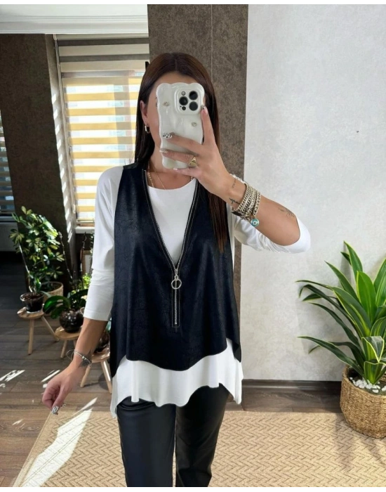 Kadın Uzun Kol Asimetrik Kesim Viskon Bluz Ve çatlak Deri Görünümlü Fermuar Detaylı Yelek Ikili Takım