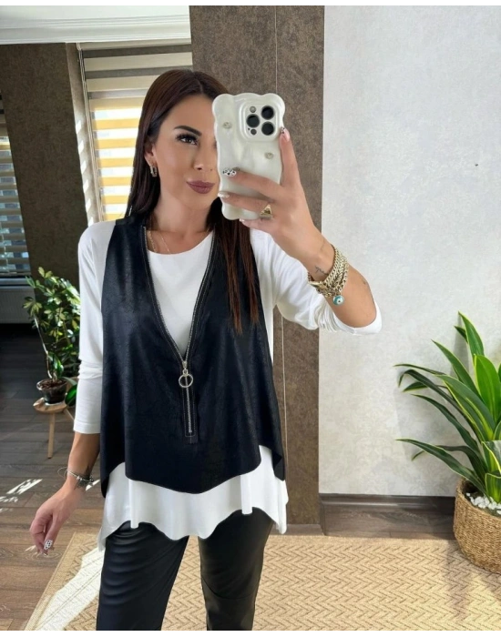 Kadın Uzun Kol Asimetrik Kesim Viskon Bluz Ve çatlak Deri Görünümlü Fermuar Detaylı Yelek Ikili Takım