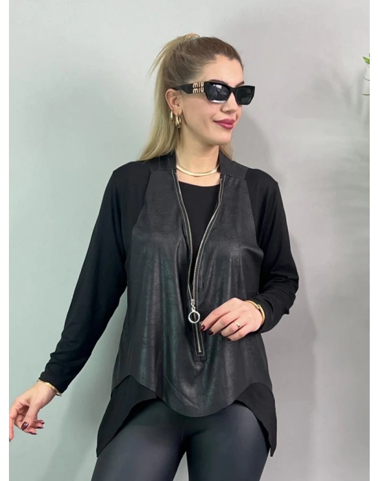 Kadın Uzun Kol Asimetrik Kesim Viskon Bluz Ve çatlak Deri Görünümlü Fermuar Detaylı Yelek Ikili Takım