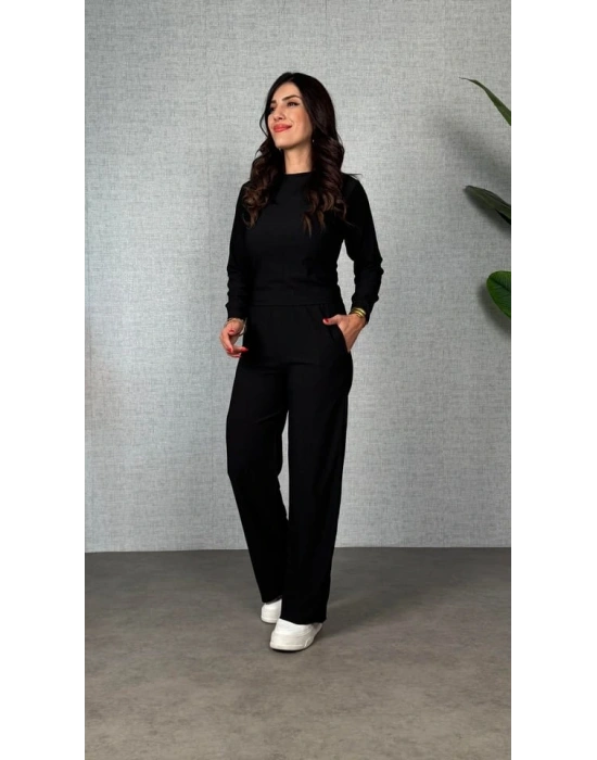 Kadın Uzun Kol Bisiklet Yaka Bürümcük Bluz Ve Pantolon Ikili Takım