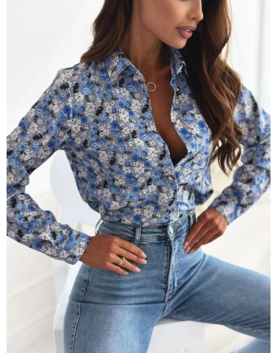 Kadın Uzun Kol Cep Detay çiçek Baskılı Mosskrep Kumaş Gömlek