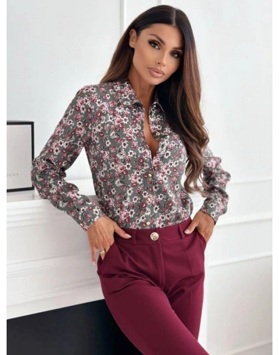 Kadın Uzun Kol Cep Detay çiçek Baskılı Mosskrep Kumaş Gömlek