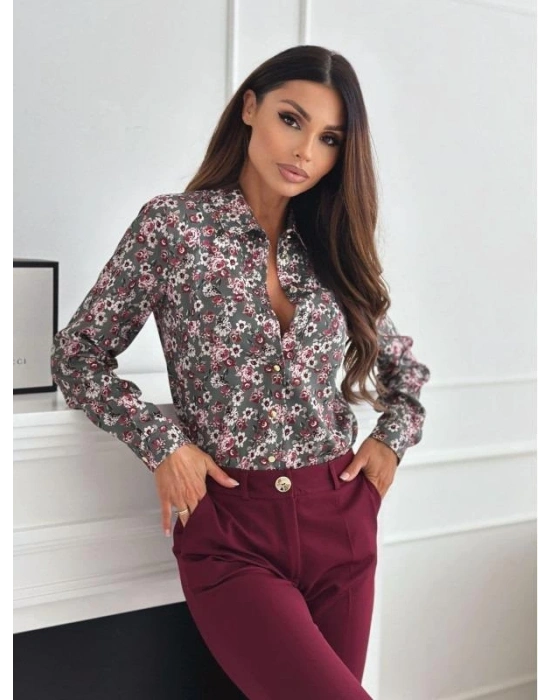 Kadın Uzun Kol Cep Detay çiçek Baskılı Mosskrep Kumaş Gömlek