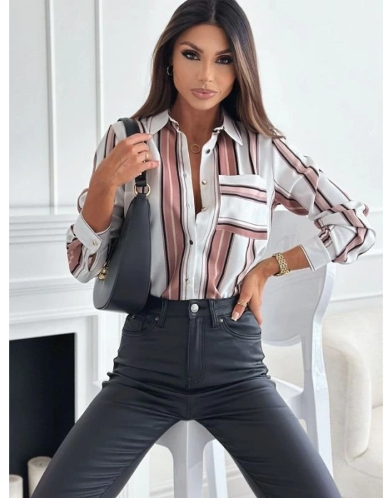 Kadın Uzun Kol Cep Detay Dijital Baskılı Mosskrep Kumaş Gömlek