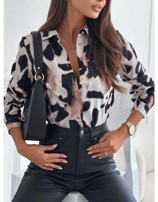 Kadın Uzun Kol Cep Detay Leopar Baskılı Mosskrep Kumaş Gömlek