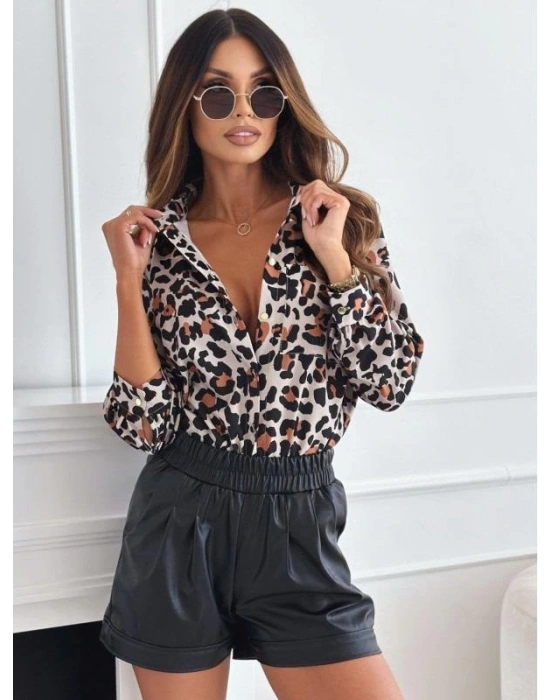 Kadın Uzun Kol Cep Detay Leopar Baskılı Mosskrep Kumaş Gömlek