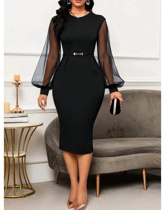 Kadın Uzun Kol Detay Ithal Krep Midi Elbise