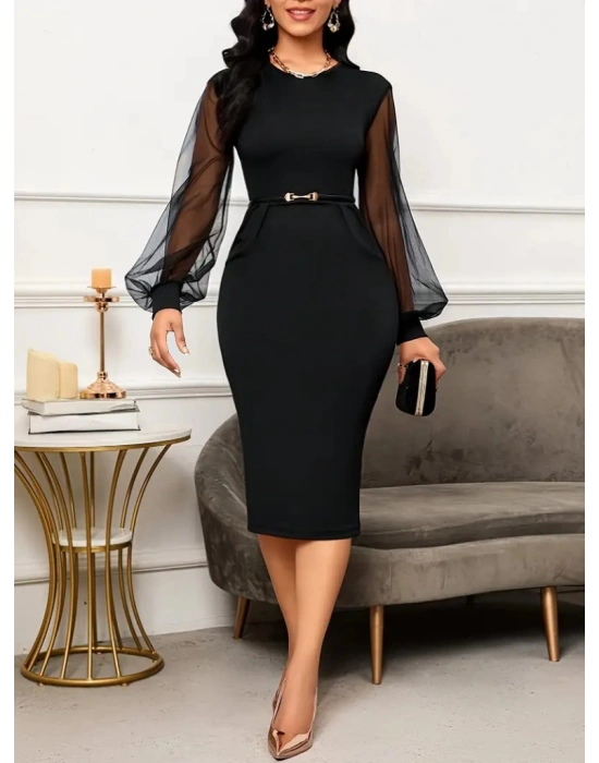 Kadın Uzun Kol Detay Ithal Krep Midi Elbise