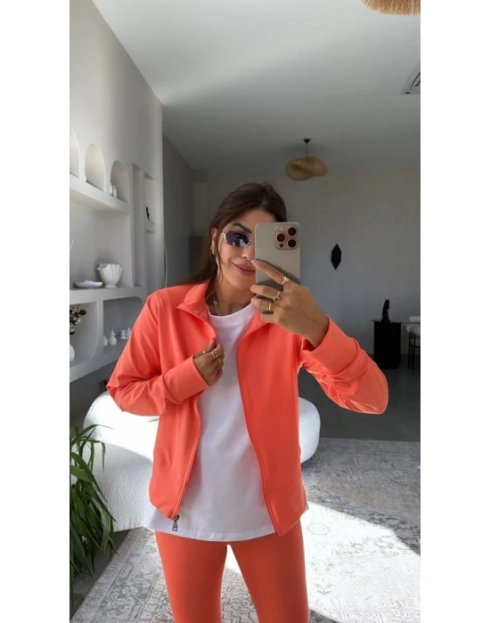 Kadın Uzun Kol Fermuar Detay Ceket Ve Yüksek Bel Toparlayıcı Tayt Ikili Takım