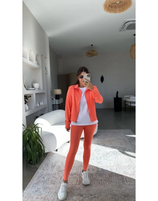 Kadın Uzun Kol Fermuar Detay Ceket Ve Yüksek Bel Toparlayıcı Tayt Ikili Takım