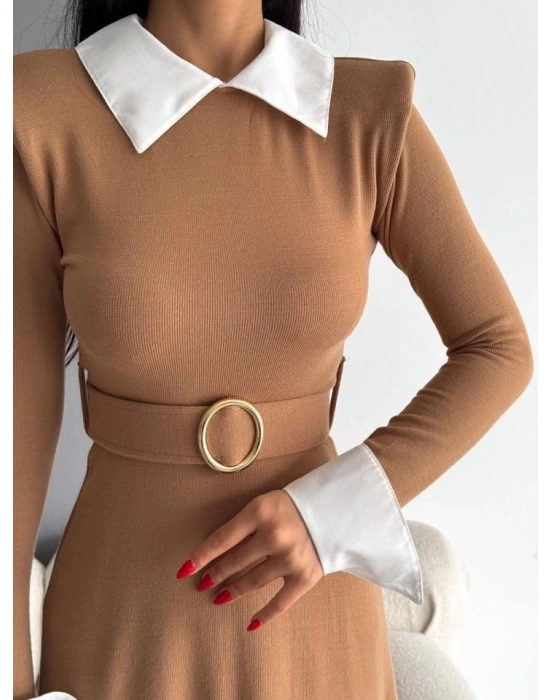 Kadın Uzun Kol Gömlek Yaka Ve Vatka Detay Kemer Dahil idi Boy Elbise