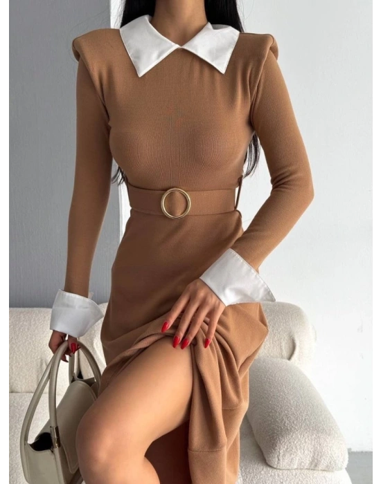 Kadın Uzun Kol Gömlek Yaka Ve Vatka Detay Kemer Dahil idi Boy Elbise