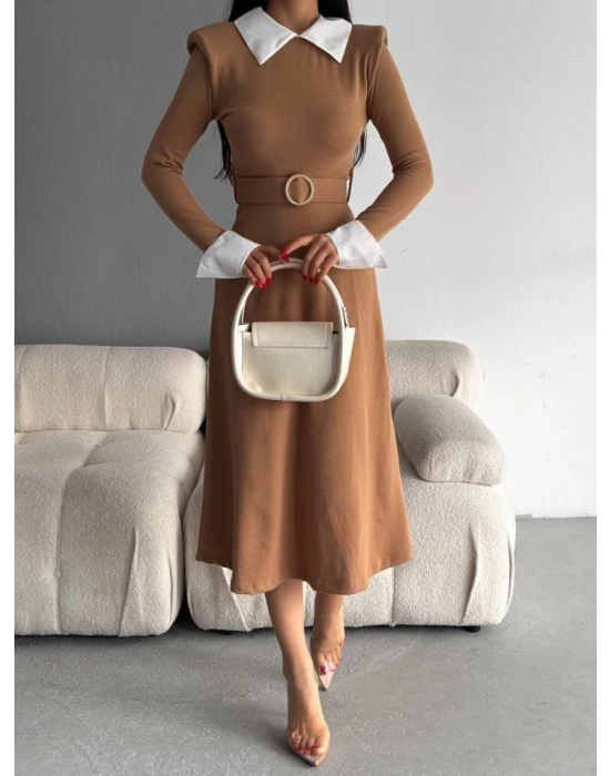 Kadın Uzun Kol Gömlek Yaka Ve Vatka Detay Kemer Dahil idi Boy Elbise