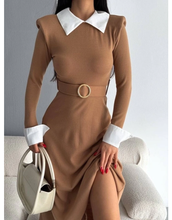 Kadın Uzun Kol Gömlek Yaka Ve Vatka Detay Kemer Dahil idi Boy Elbise